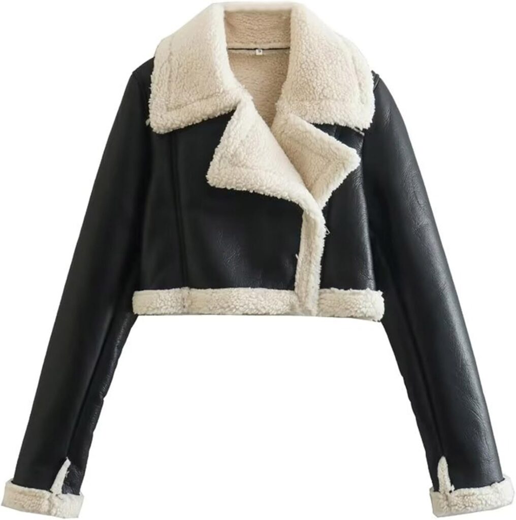 Faux Leather Jacket for Women Cropped Sherpa Lined Jacket Coat Faux Shearing Fur Warm Coat Thicken Fleece Lined Parka