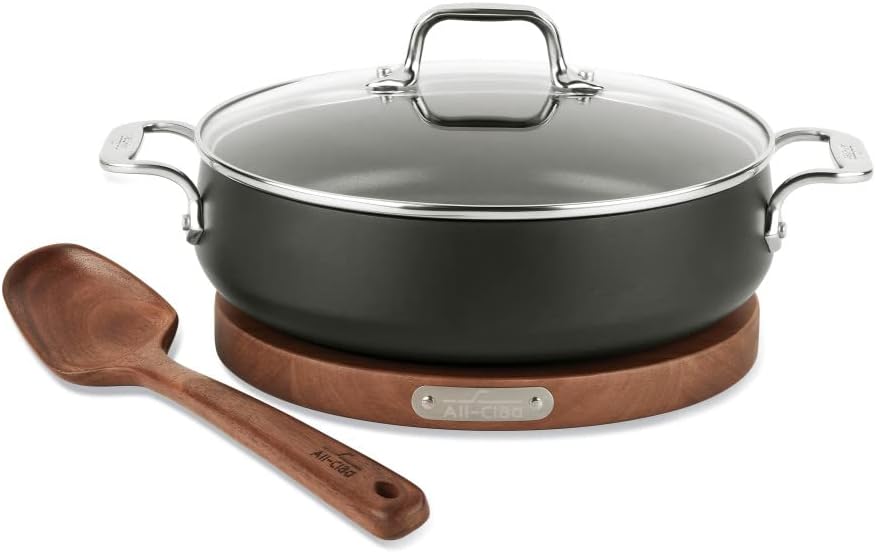 All-Clad HA1 Hard Anodized Nonstick Sauteuse Pan with Acacia Trivet and Spoon 4 Piece, 4 Quart Induction Oven Broiler Safe 500F, Lid Safe 350F Pots and Pans, Cookware Black