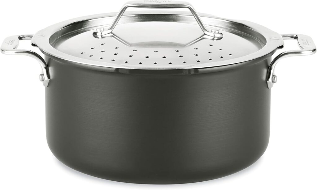 All-Clad HA1 Hard Anodized Nonstick Stockpot, Multi-Pot with Strainer 6 Quart Oven Broiler Safe 500F Strainer, Pasta Strainer with Handle, Pots and Pans Black