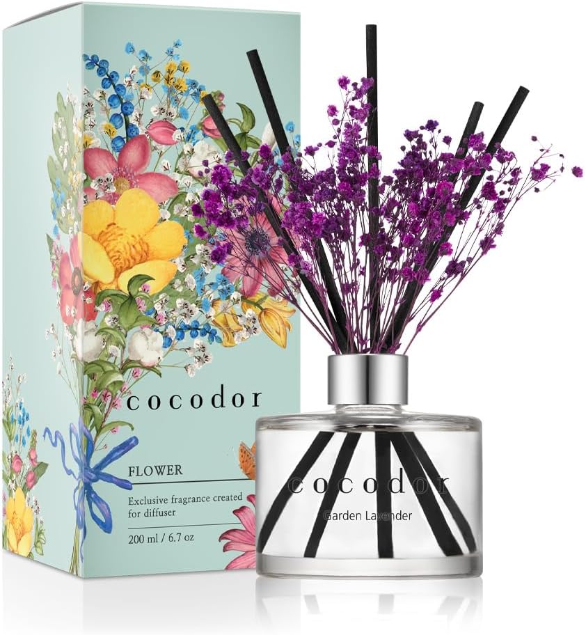 COCODOR Flower Reed Diffuser Set / 6.7oz / Garden Lavender/Scent Diffuser with Sticks Home Fragrance Oil Reed Diffuser for Bathroom Shelf Decor