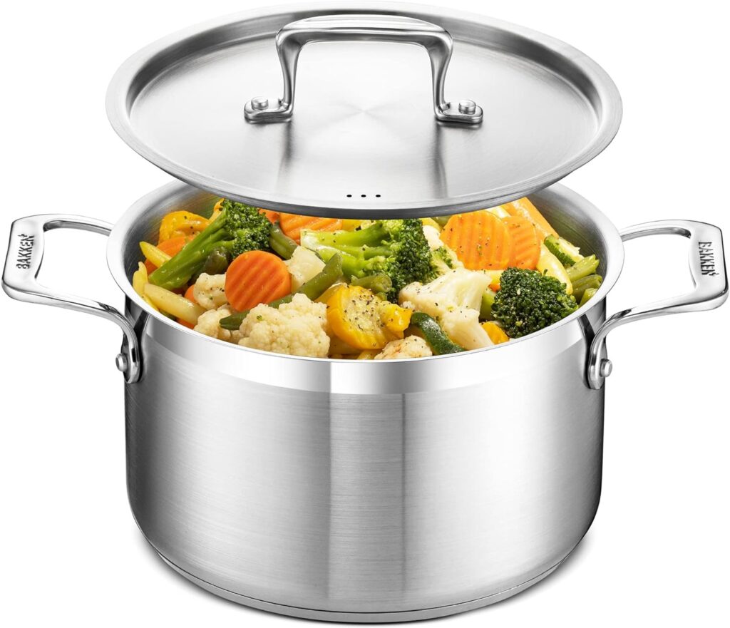 Stockpot – 5 Quart – Brushed Stainless Steel – Heavy Duty Induction Pot with Lid and Riveted Handles – For Soup, Seafood, Stock, Canning and for Catering for Large Groups and Events by BAKKEN