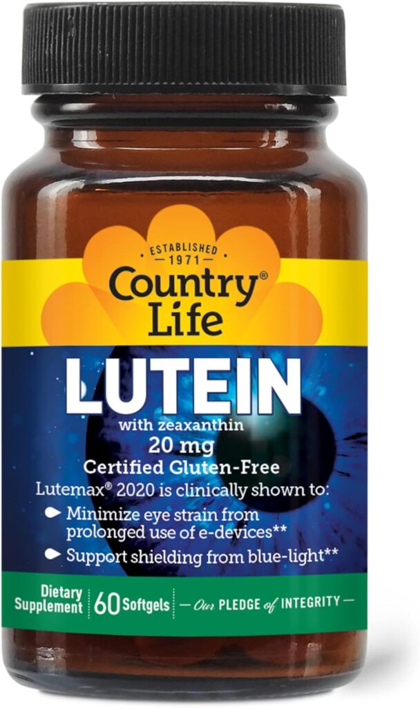 Country Life Lutein 20 mg Supplement – Certified Gluten-Free – Eye Health Support with Lutein and Zeaxanthin – Reduces Eye Strain from Screens – No Yeast, Corn, Wheat, Milk – 60 Softgels